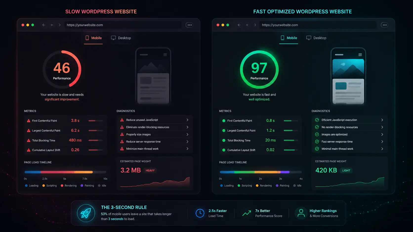 Google PageSpeed Insights score comparison slow vs fast WordPress website