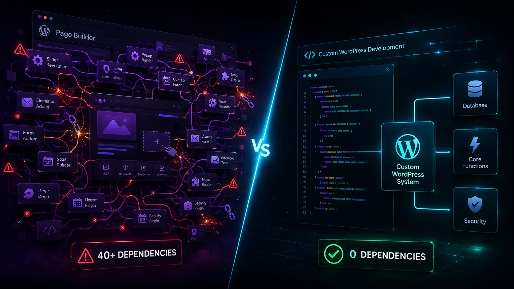 Page builder plugin dependency nightmare vs custom WordPress zero dependencies